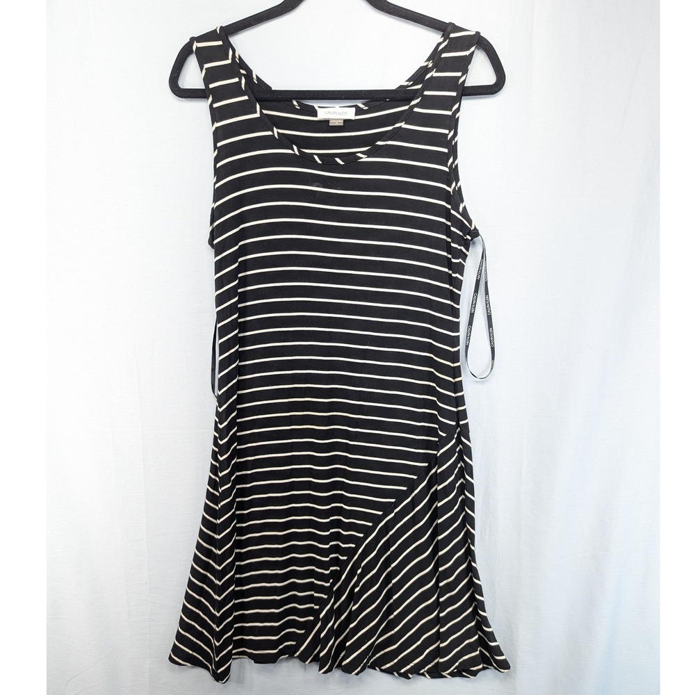 Calvin Klein Black White Striped‎ Sleeveless Asymmetrical Hem Midi Dress Size 10